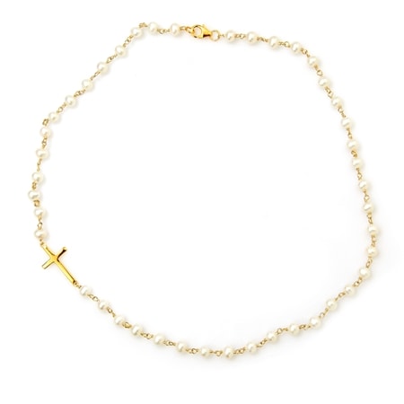 Gems of the Orient 5-6mm White FWP Strand 50cm w/ Cross Pendant YGP