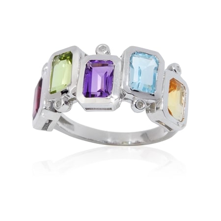 Rainbow Gems 4.9ct Multi Gemstone  Geometric Ring Sterling Silver