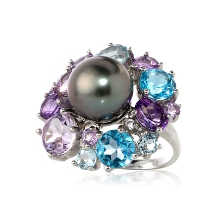 Pearls of Tahiti 11-12mm Tahitian Pearl & Gemstone Cluster Ring SS