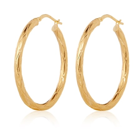 9ct Yellow Gold Patterned Oval Hoop Earrings