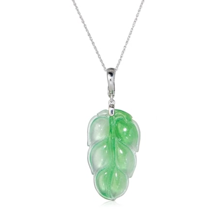Gems of the Orient 20-35mm Icy Green Jade Leaf Pendant w/ Chain SS