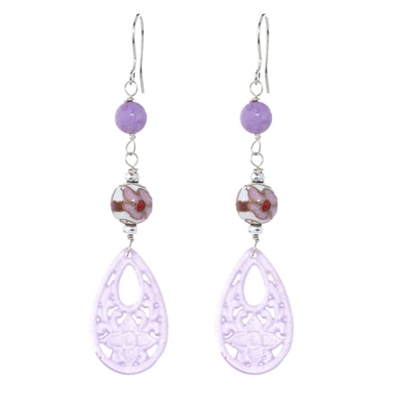 Gems of the Orient 16x26mm Purple Chalcedony, Cloisonne & Hematite Earrings