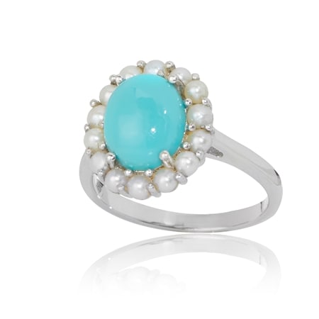 2.0ct Sleeping Beauty Turquoise & Pearl Ring Sterling Silver