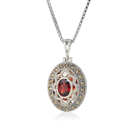 0.4ct Marcasite & Oval Garnet Pendant Sterling Silver
