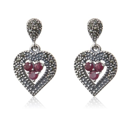 0.1ct Marcasite & Ruby Heart Earrings Sterling Silver