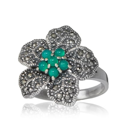 Marcasite & Green Agate Flower Ring Sterling Silver
