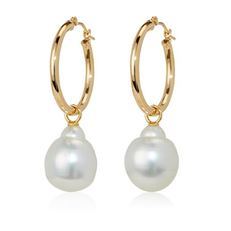 Matahina 11-12mm White South Sea Drop Pearl Hoop Earrings 14ct Gold