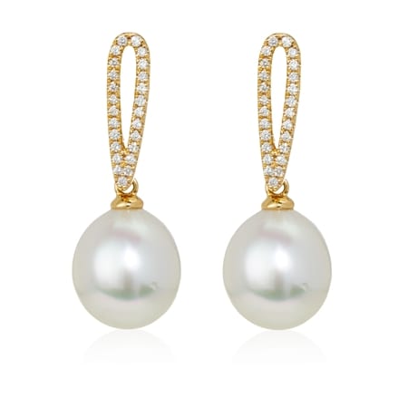 Matahina 9-10mm White South Sea Oval Pearl & Diamond Drop Earrings 18ct Gol