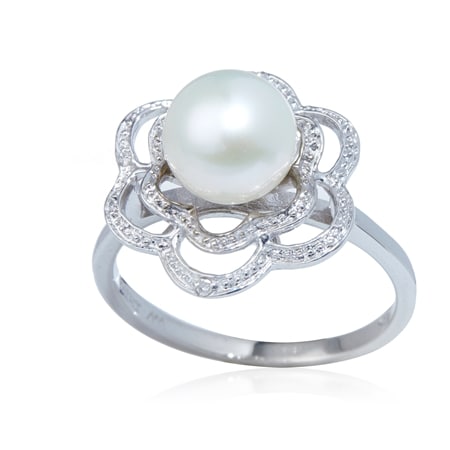 Gems of the Orient 8-8.5mm White FWP & Diamond Accent Floral Ring SS