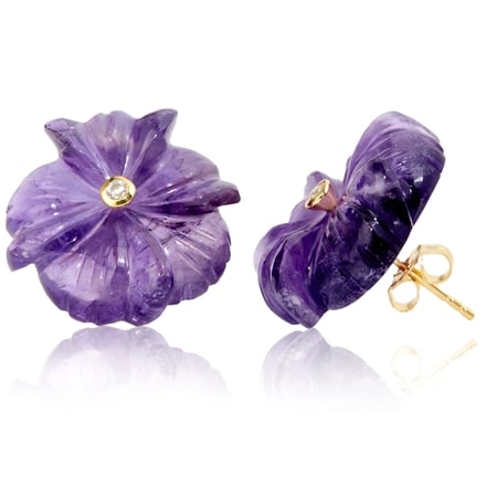 Carved Gemstone Flower Stud Earrings Sterling Silver GP