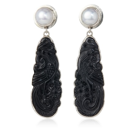 Amy Kahn Russell Carved Onyx & Pearl Drop Earring  Sterling Silver