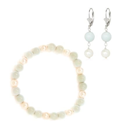 Gems of the Orient 8mm White FWP & Jade Bracelet & Earring Set