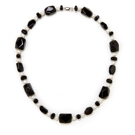 Gems of the Orient 8-9mm White FWP & Black Onyx Necklace 60cm SS