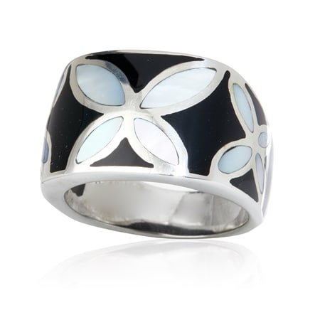 Gems of the Orient White MOP & Black Resin Butterfly Ring SS