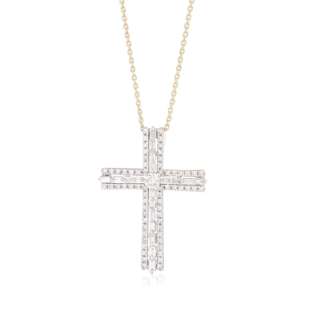 0.75ct Natural Baguette Diamond Cross Pendant N/lace 9ct Yellow Gold