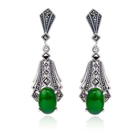 0.4ct Marcasite & Green Agate Drop Earrings Sterling Silver