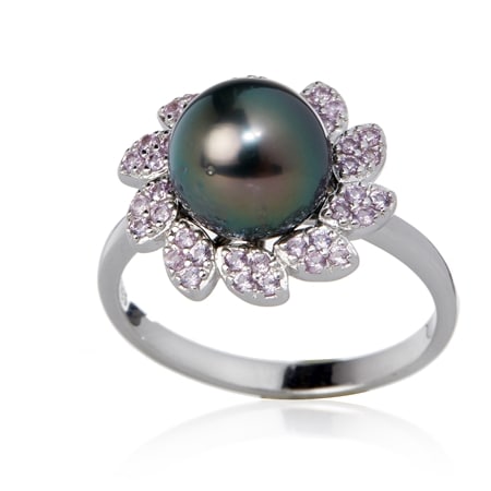 Pearls of Tahiti 9-10mm Tahitian Pearl & Pink Sapphire Ring SS