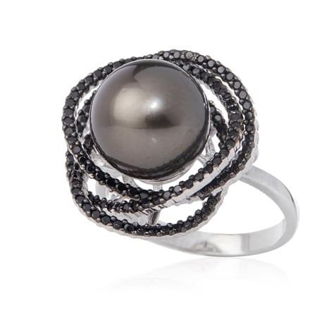 Pearls of Tahiti 11-12mm Tahitian Pearl & Black Spinel Ring SS