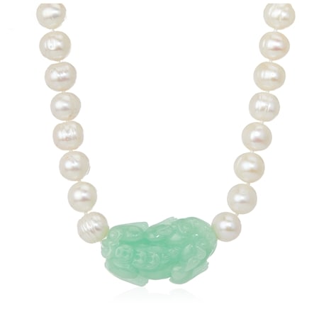 Gems of the Orient 25x42mm Prosperity Frog Carved Jade & FWP Necklace SS