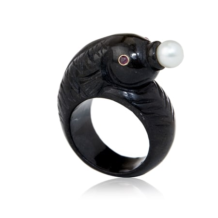 Gems of the Orient 6-6.5mm FWP, Ruby & Jade Carved Fish Ring