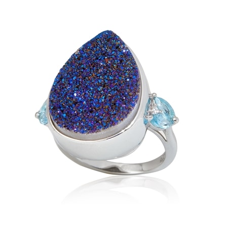 19.6ct Blue Drusy Pear Ring Sterling Silver