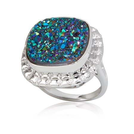 17.6ct Tree Green Drusy Cushion Ring Sterling Silver