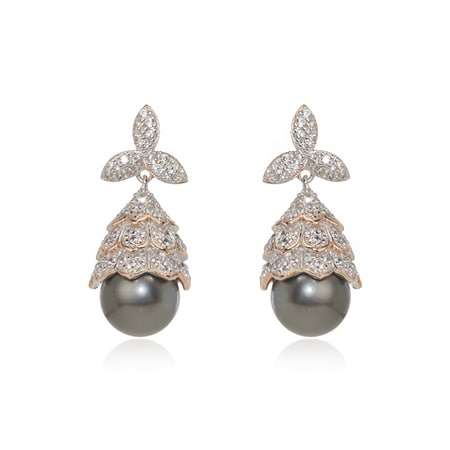Pearls of Tahiti 11-12mm Near Round Tahitian Pearl & Zircon Earrings SS