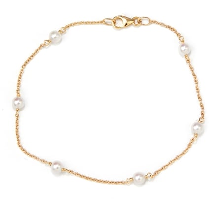 Matahina 3-4mm White Akoya Round Pearl Stationed Chain Bracelet 9ct YG