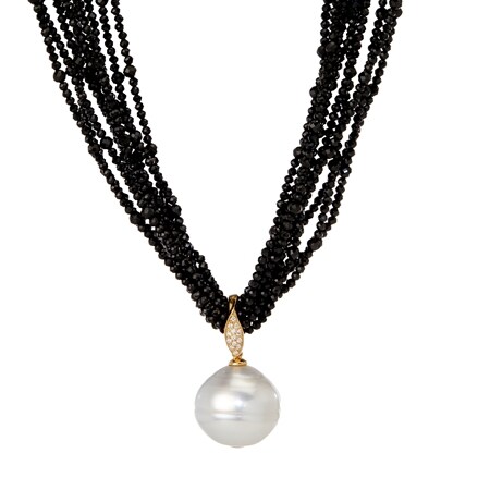 Matahina 18.1- 18.9mm White South Sea, Dia. & Black Spinel N'lace 18ct Y