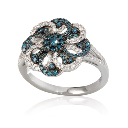 0.50ct Blue & White Diamond Flower Ring 9ct White Gold