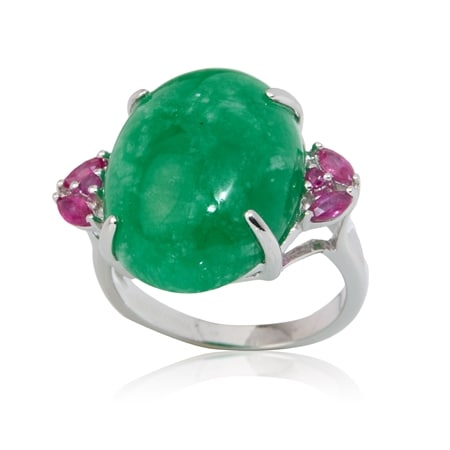 Gems of the Orient 15x20mm Green Jade & Ruby Ring Sterling Silver