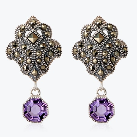 1.7ct Marcasite & Amethyst Chandelier Earrings Sterling Silver