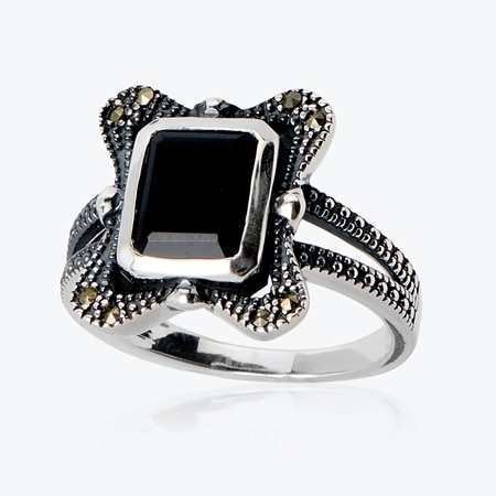 Marcasite & Black Onyx Ring Sterling Silver