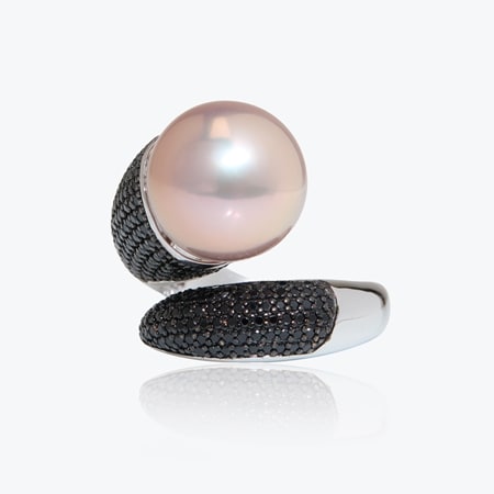 Gems of the Orient 13-14mm Pink Baroque FWP & Black Spinel Ring SS