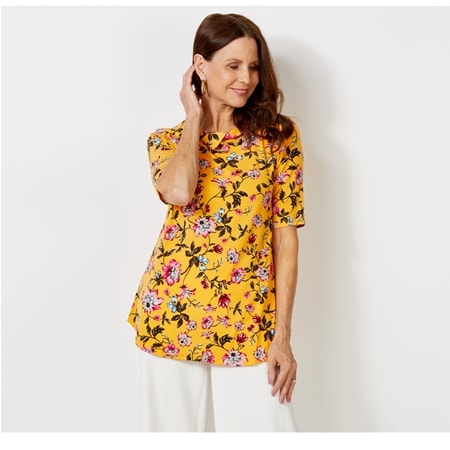 Nina Leonard Elbow Sleeve Print Top w/ Cutout Neck Detail