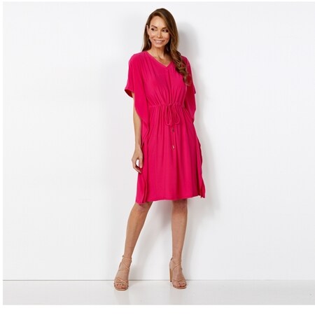 Nina Leonard V Neck Kimono Dress w/ Drawstring Waist
