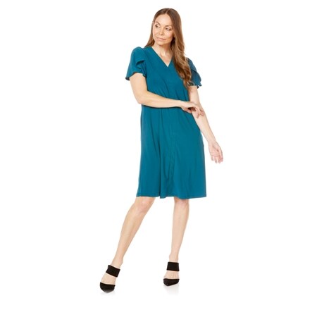Nina Leonard Short Tulip Sleeve V Neck Trapeze Dress w/ Pockets