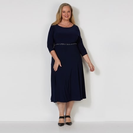 Nina Leonard Solid 3/4 Sleeve Jewel Neck Sylvia Dress w/ Belt