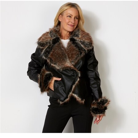 Black suede faux fur trim biker jacket sales