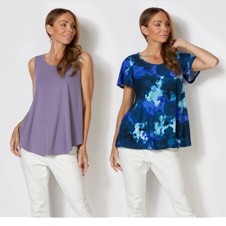 Evie Grace 2 Pack Tops w/ Print Short Sleeve and Solid Singlet