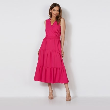 Hailey Lyn Surplus Neck V Back Tiered Midi Dress w/ Smocked Waist