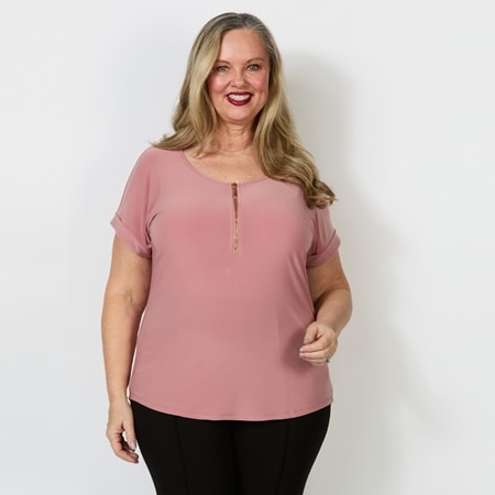 Nina Leonard Zipper Front Dolman Short Sleeve Jewel Neck Top