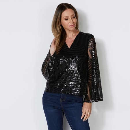 Parker & Rowe Sequin & Mesh V Neck Top