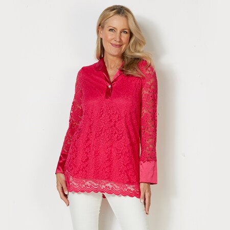 Isaac Mizrahi Satin Trim Lace Diamonte Detail Blouse