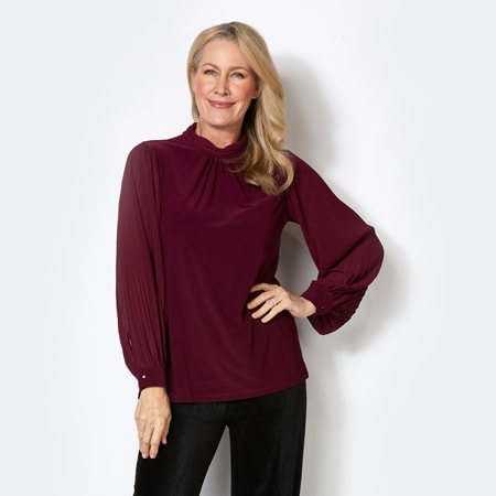 Hailey Lyn Mock Neck Pleat Chiffon Long Sleeve Top