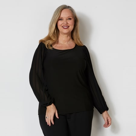Nina Leonard Scoop Neck Miracle Jersey Top with Pleat Balloon Sleeves