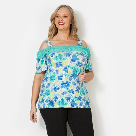 Nina Leonard Cold Shoulder Top in Print Miracle Jersey