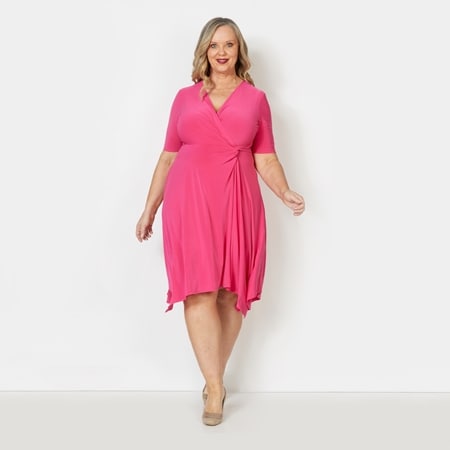 Nina Leonard Elbow Sleeve Surplice Neck Dress with Uneven Hem