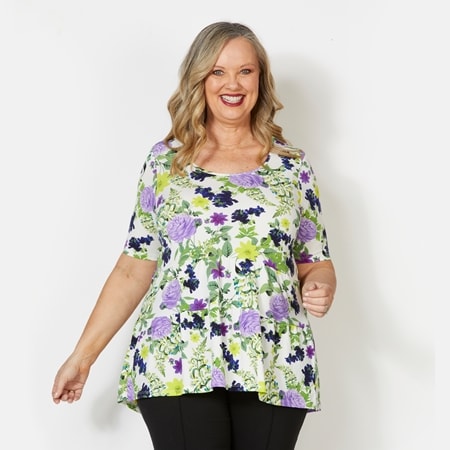 Nina Leonard Elbow Sleeve Scoop Neck High Low Tiered Print Top