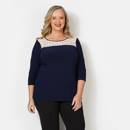 Nina Leonard 3/4 Sleeve Jewel Neck Solid Top with Lace Yoke
